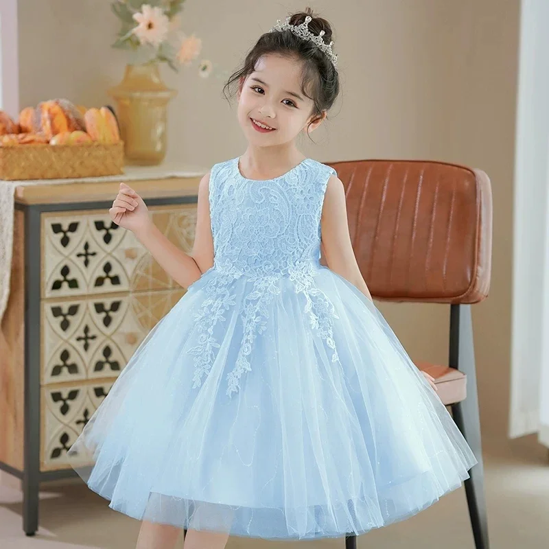 Vestido de Dama de Honra Infantil 2026 Branco de Renda e Tule, Sem Mangas, Bordado, Estilo Princesa, para Casamento e Festa Formal Y2K