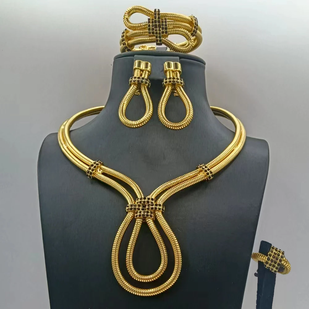 Dubai African Snake Chain Crystal Jewelry Set 4Pcs Nigerian Bridal Knot Necklace Earrings Bracelet Ring Wedding Party Jewellery