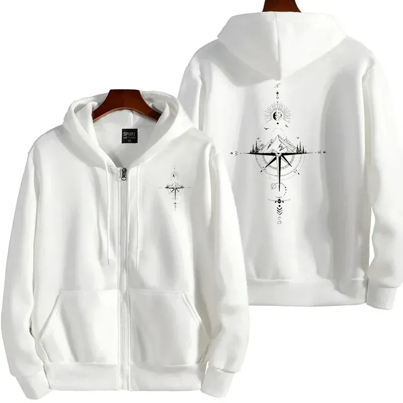 Vintage Compass Print Zip Hoodies für Männer Hochwertige Kapuze Langarm Pullover Winter Täglich Casual Sport Tops Herrenbekleidung
