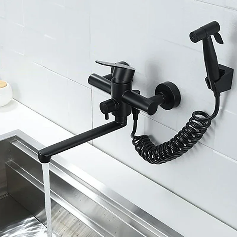 

Смесители для кухни, настенные смесители из нержавеющей стали с двумя отверстиями для ванной комнаты, вращающийся на 360° смеситель для раковины, смесители для холодной и горячей воды с распылителем