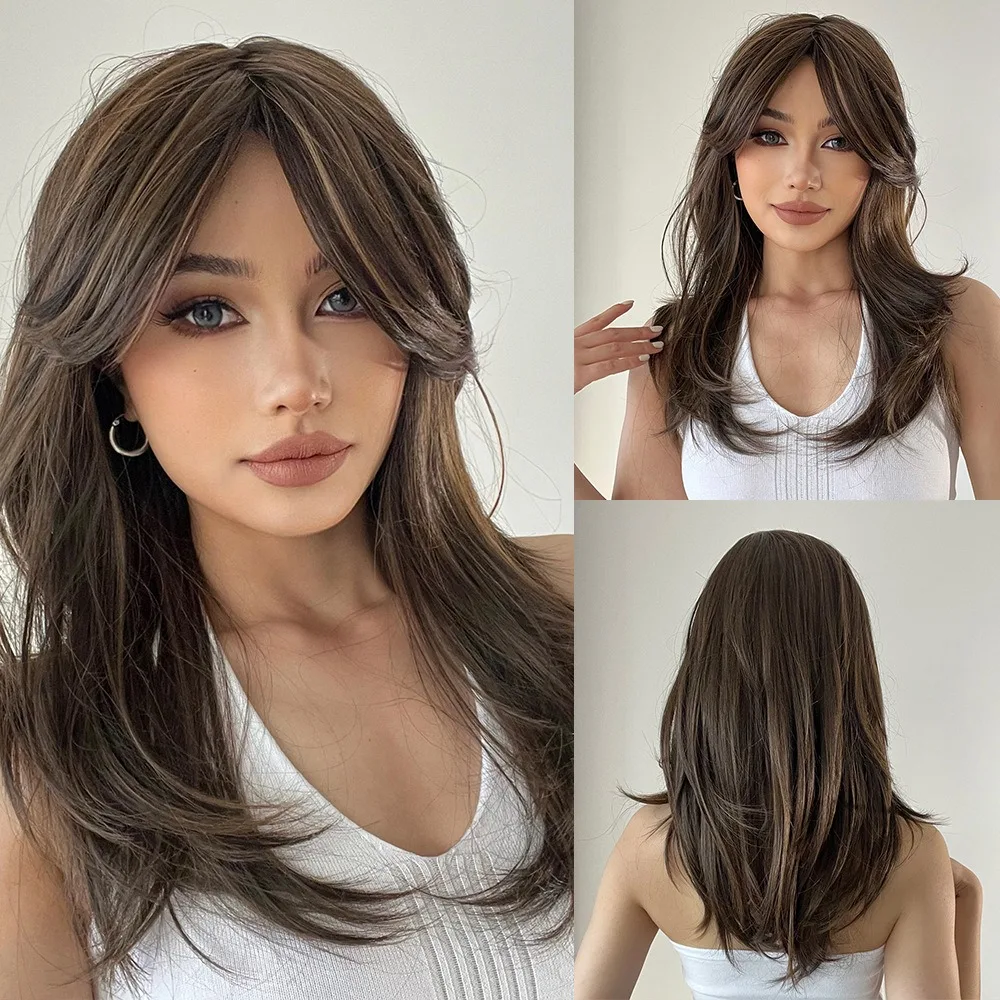 

High quality Brown Fiber wig slanted bangs Medium Long straight hair for women daily use Natural synthetic wig Heat Resistant