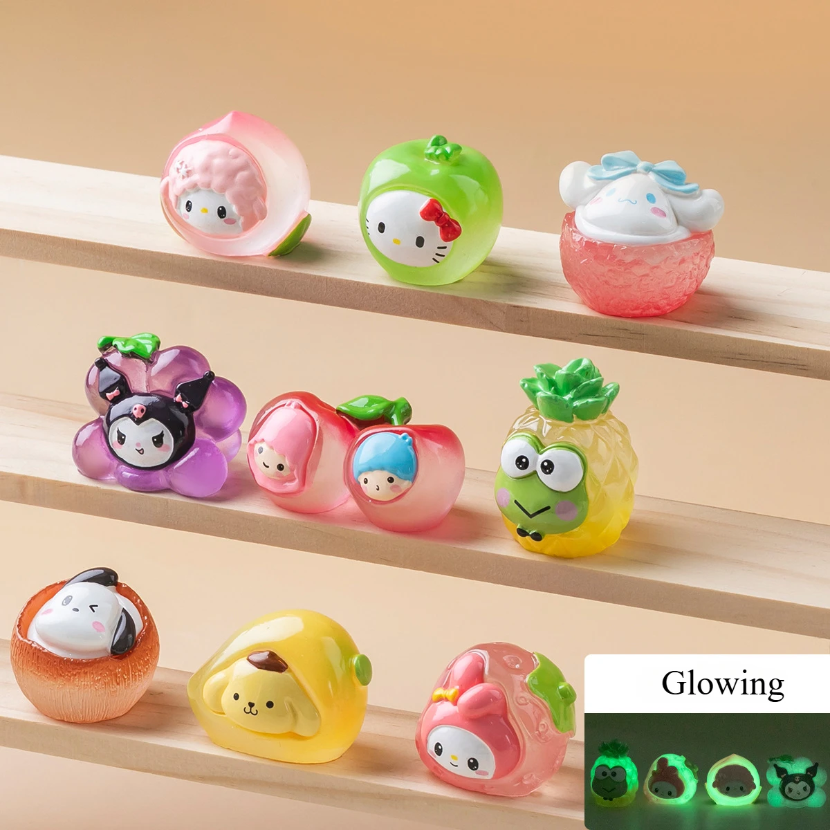 

Sanrio Kuromi Trinket Melody Kitty Figurines Glowing Toy Kawaii Decor Set Cos Fruit Model Tabletop Ornament Gifts DIY Accessory