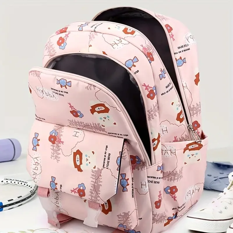 Mochila de gran capacidad con nombre personalizado con bolsa para bolígrafos, oso de dibujos animados, mochila impermeable ligera, Bolsa Escolar, regalo para niños