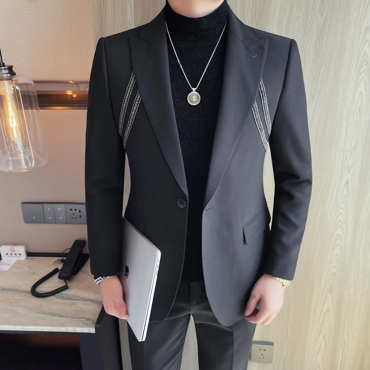 

Black Back Double Fork Blazer Jacket Men High Quality Fashion Singer/Host Blazers Men's Clothing Slim Fit Casual Suit Coats Man