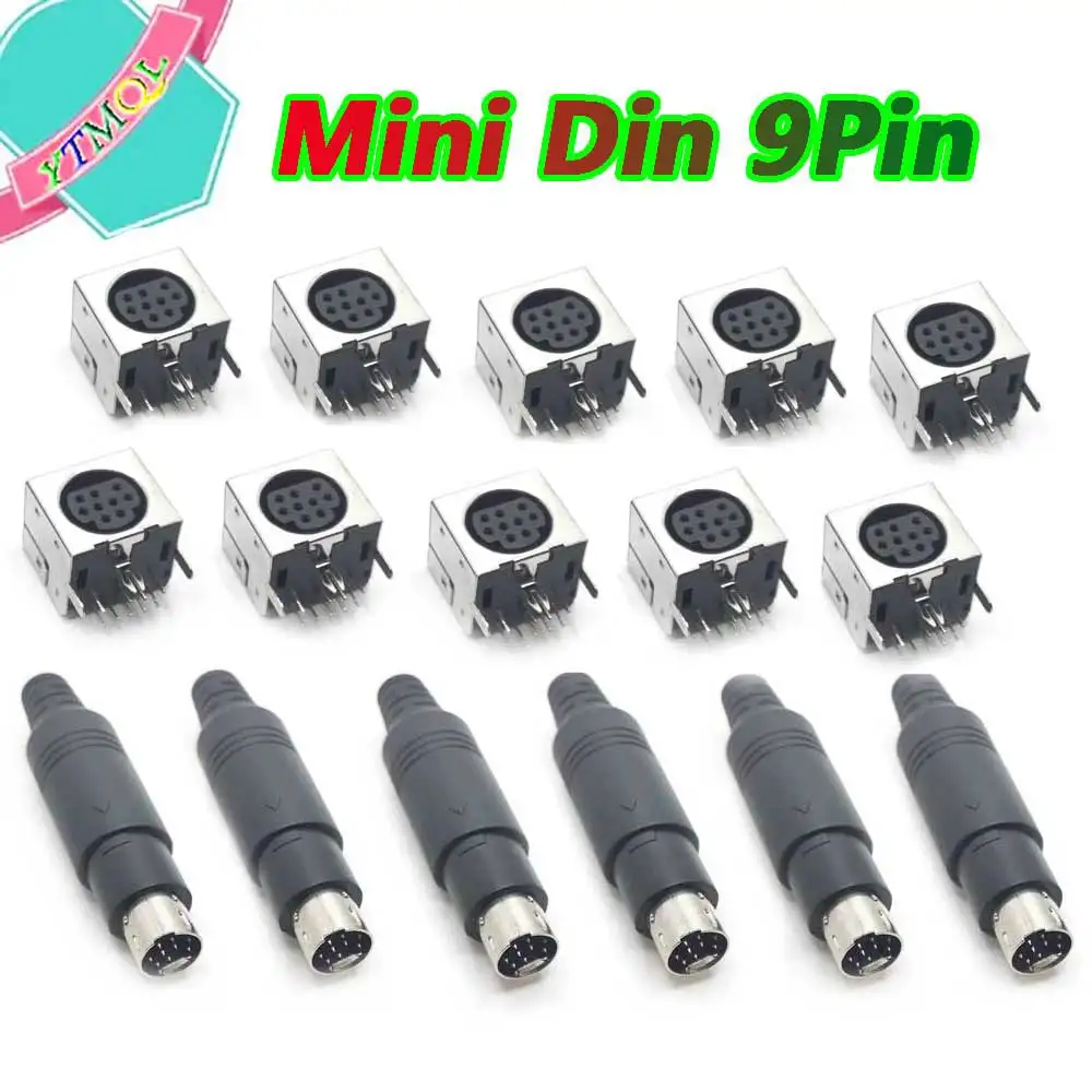 Mini Din  9 Pin Female Male Din Sockets MD-SM Shield Right Angle Through Holes PCB Circular Receptacle Connector