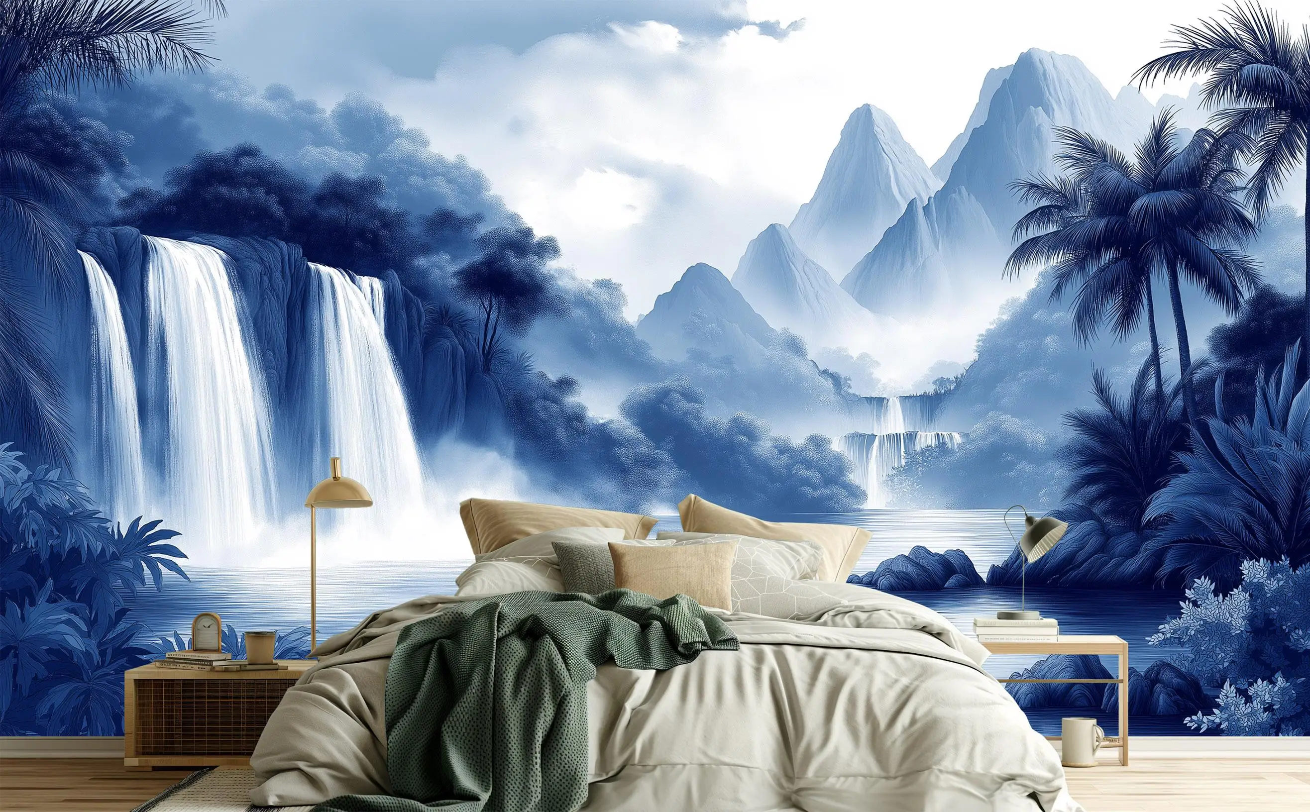 Mountain Landscape Wall Mural Nature Forest Pine Lake Waterfall Oil Painting Wallpaper Living Room Bedroom Decor Peel and Stick