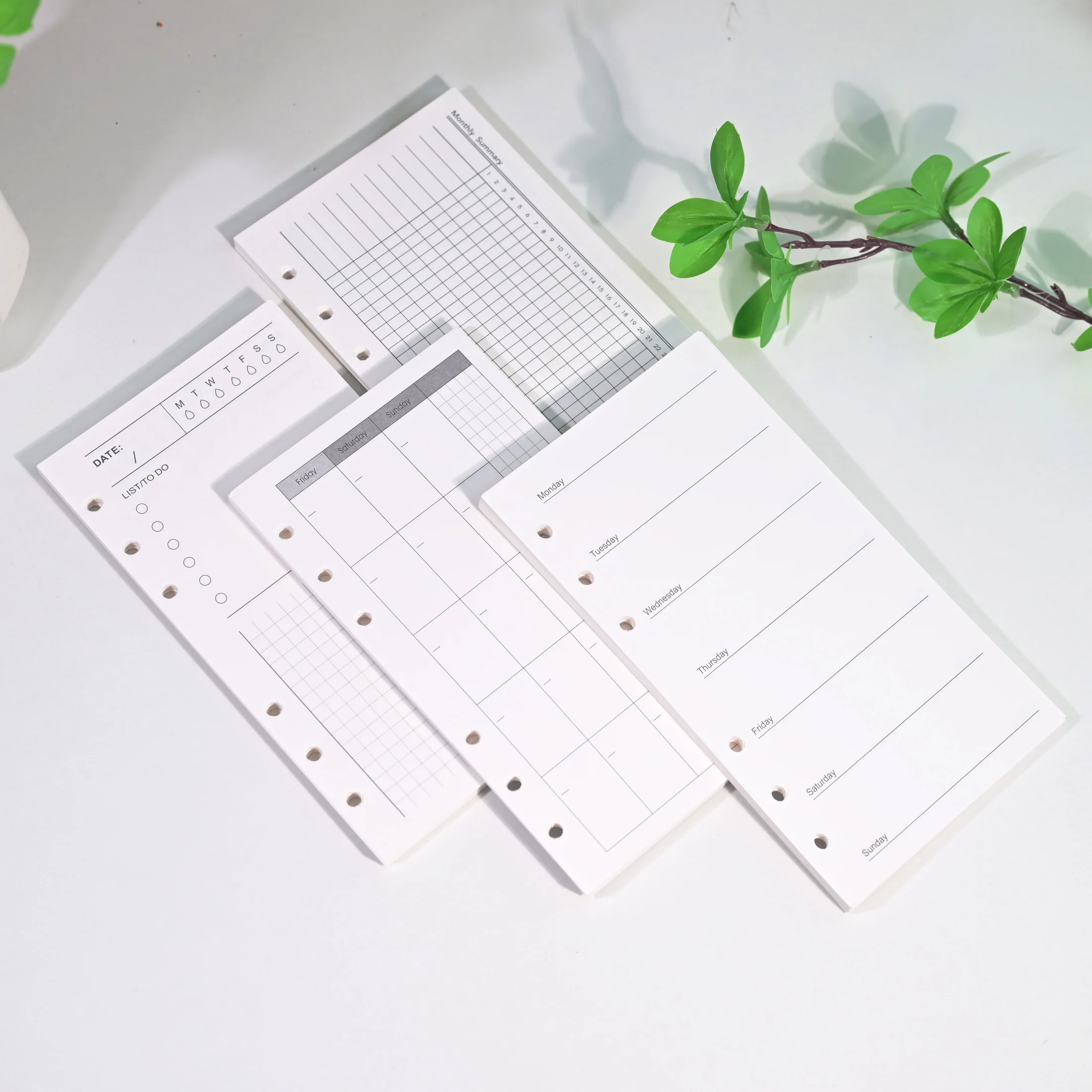 1PC 4 Styles A6 6 Hole Planner Refill Paper, Weekly Monthly Daily ToDo List Grid Insert Pages, Prepunched Loose Leaf Replacement