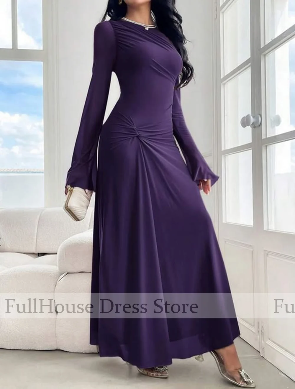 Bespoke Occasion Modern O-neck Chiffon Straight Long Sleeve Illusion Evening Gown Maxi Length Saudi Arab Dress