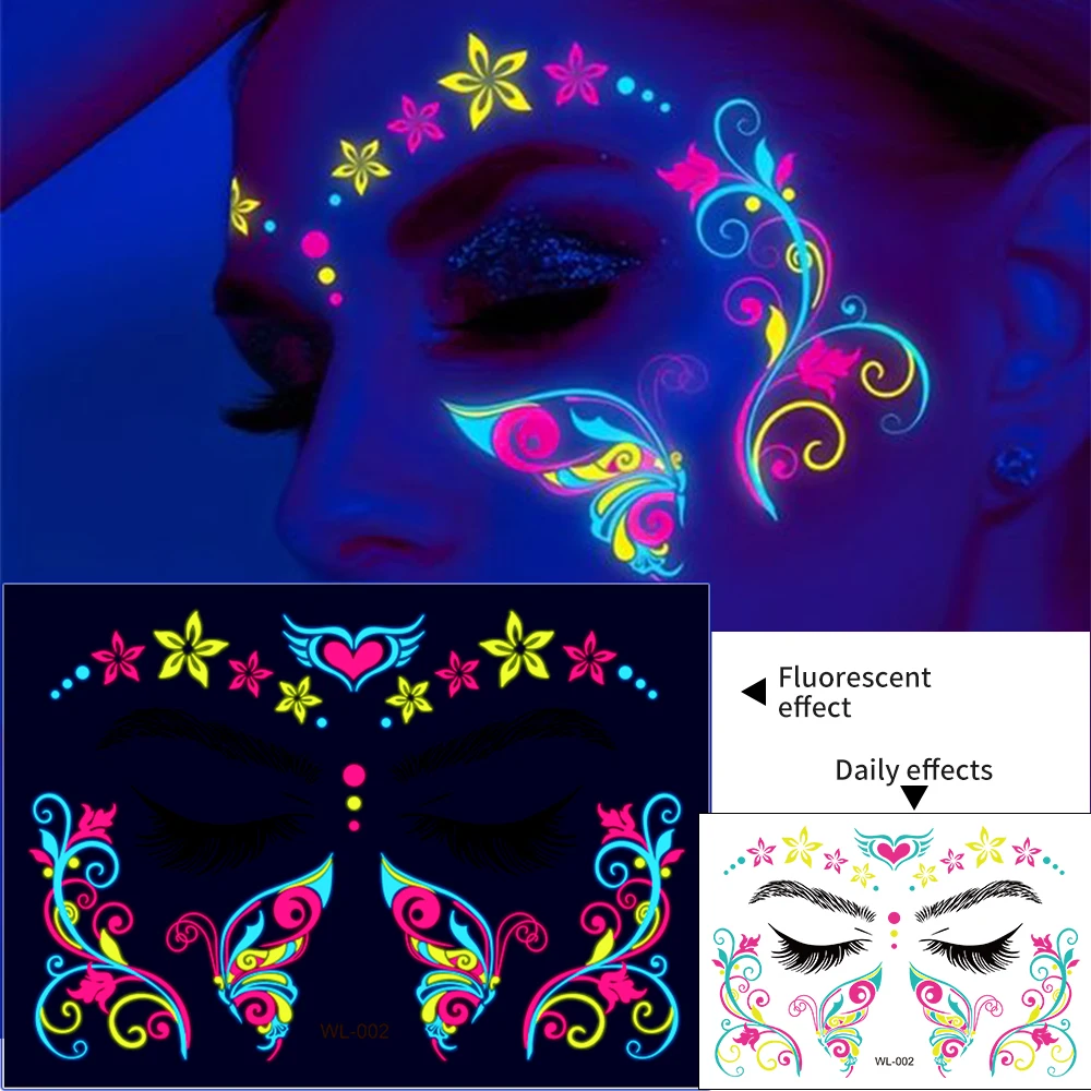 UV Neon Butterfly Flower Face Tattoo Adesivos, Adesivo Corporal Fluorescente Impermeável, Maquiagem Festa do Clube, 14x15cm, 1Pc