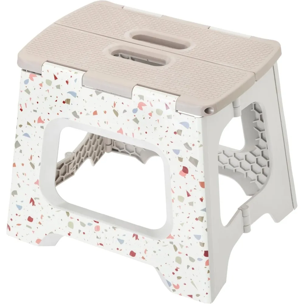 

Foldable Compact Step Stool Lightweight Non Slip Supports 330 Pounds Grey Terrazzo Pattern