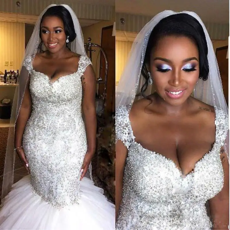 Customized Luxury Dubai African Black Girls Mermaid Lace Beaded Wedding Dresses 2023 Spaghetti Strap Ruffles Skirt Bridal Gowns