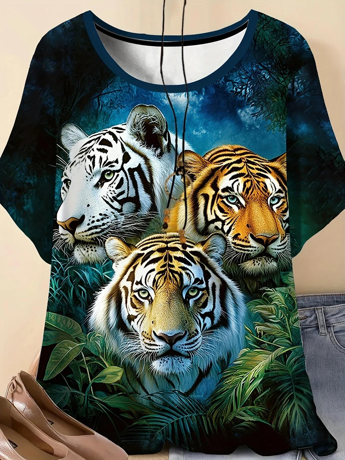 

New Summer Women Large Tiger Printed T-shirt Elegant Round Neck Women Casual Sports T-shirt Quick Drying and Breathable