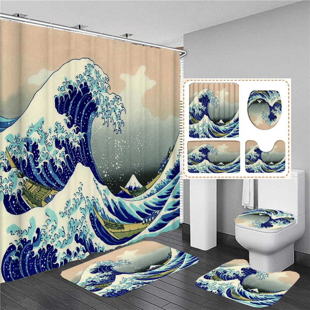 

Surfing in Kanagawa Print Shower Curtain Japanese style Sea Wave Waterproof Bathroom Curtains Decor Non-Slip Rugs Bath Mat Set