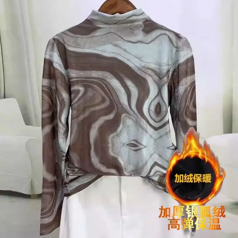 

Fashionable Half Turtle Neck Mesh Bottoming Top for Women Autumn and Winter New Printed Stretch Versatile and Comfortable Top