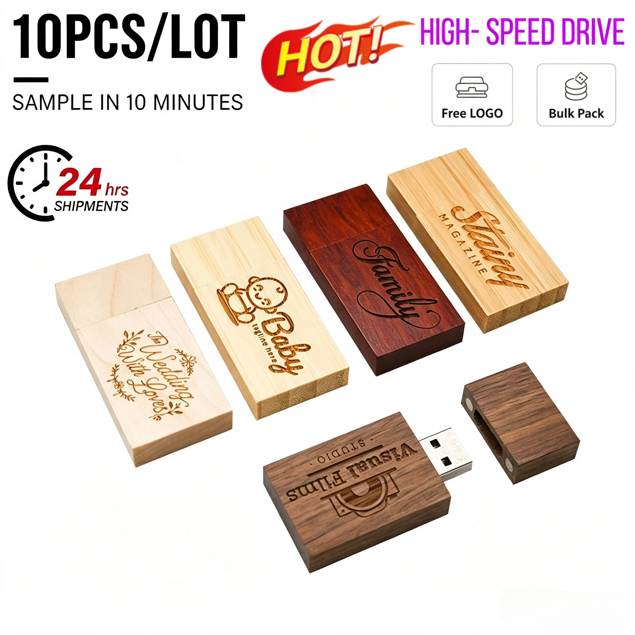 10PCS/LOT USB Wooden USB Flash Drive Photography Wedding Gifts Free Custom Logo Memory Stick 128GB Walnut Wooden Pen Drives 16GB