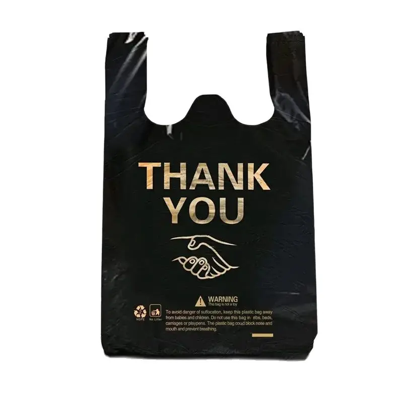 

50pcs Thank You Plastic Carry Out Bags Black Shopping Grocery Vest Gift Bag with Handle Supermarket Retail Packaging Storage