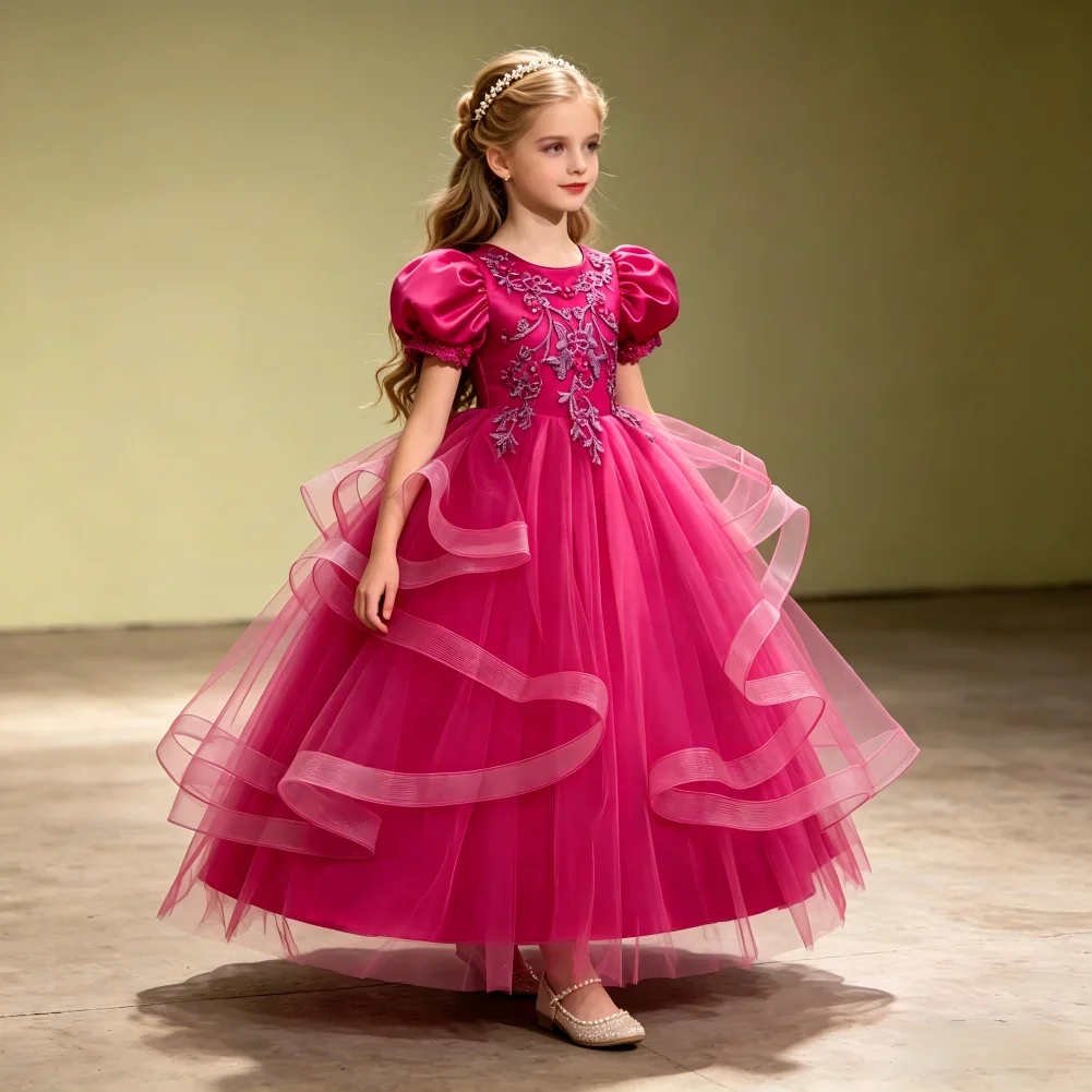 Elegant Kids Party Dresses Appliques Children Puffy Tulle Bridesmaid Prom Gown Flower Girl Birthday Wedding Wear