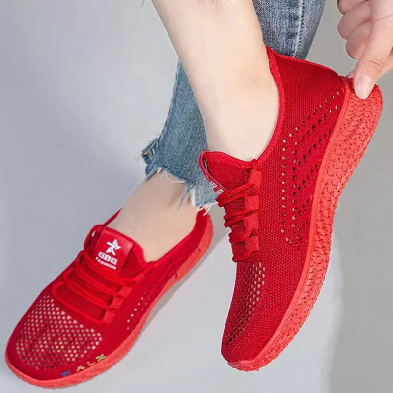 Lucky red mesh casual shoes for women - 2026 versatile trendy wedding shoes - hollow-out unique fashion flat shoes for women