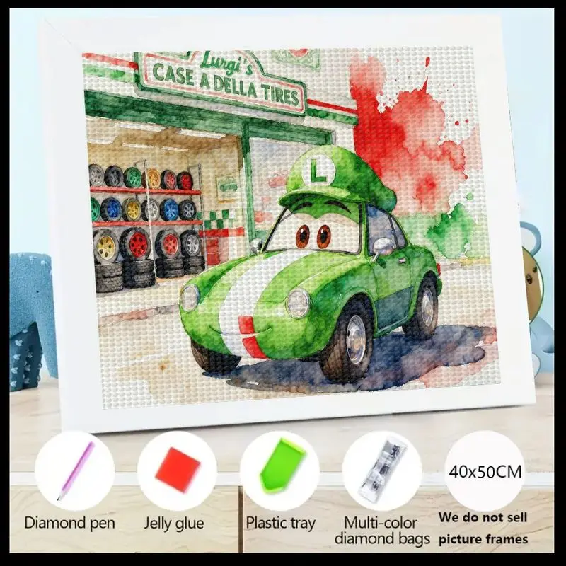 

1PC 5D Full Drill DIY Diamond Painting Kit, Cute Cartoon Green Car Luigi Theme Vehicle Art, Crystal Gem Embroidery Craft for Kid