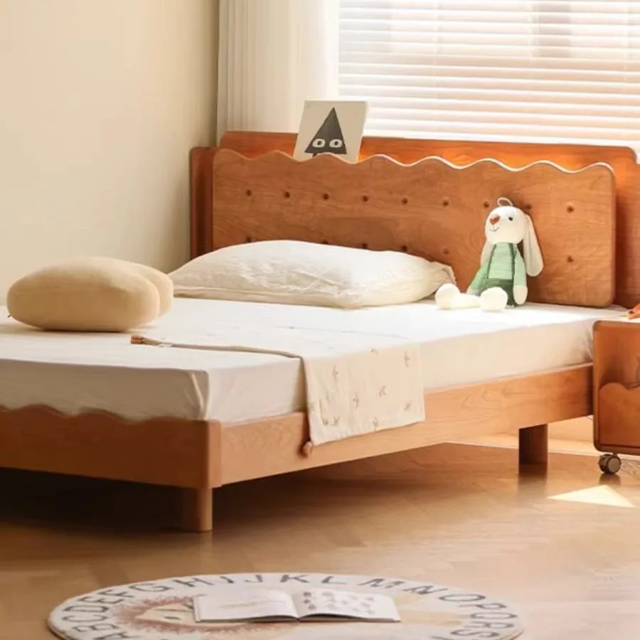 Nordic simple full solid wood double bed boy girl North American cherry wood furniture single small bed cookie bed