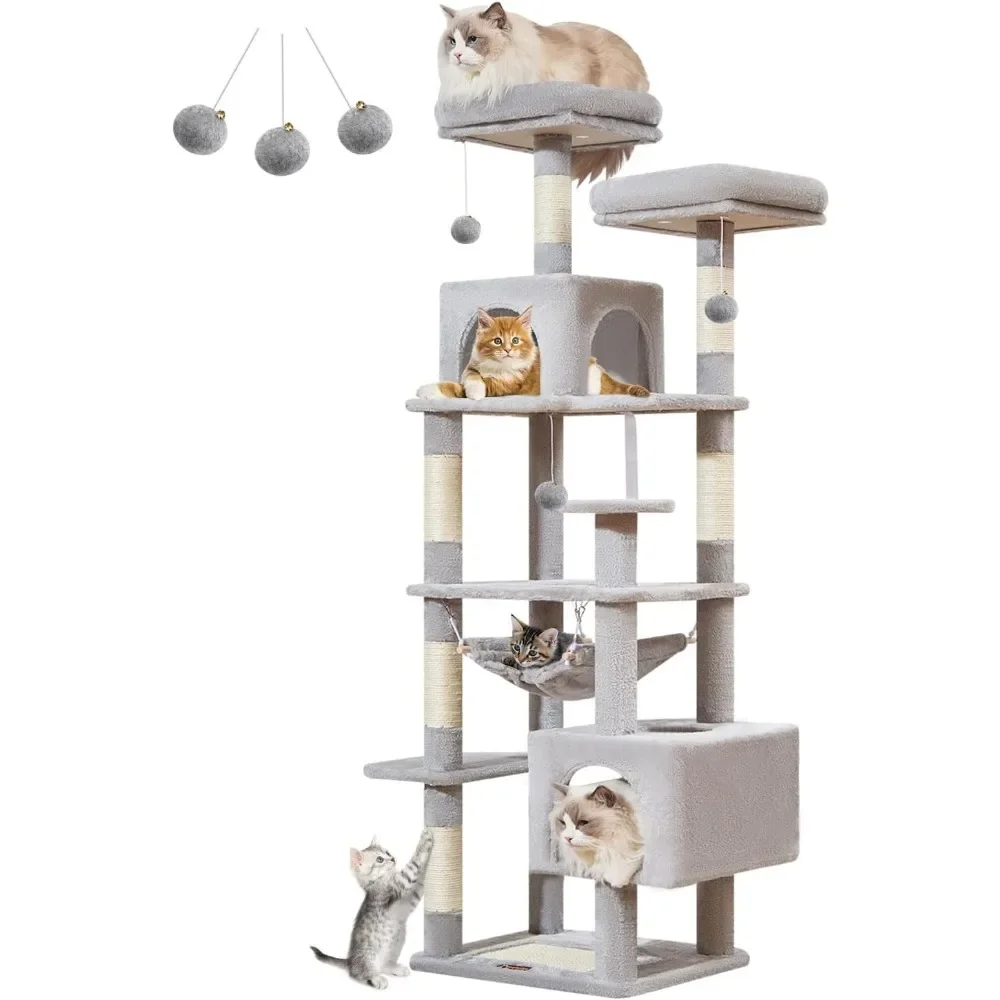 

Cat Tree, 68 Inch Cats Tower with 6 Scratching Posts, 2 Perches, 2 Caves, Hammock, 3 Pompoms for Indoor Cats, Cat Tree