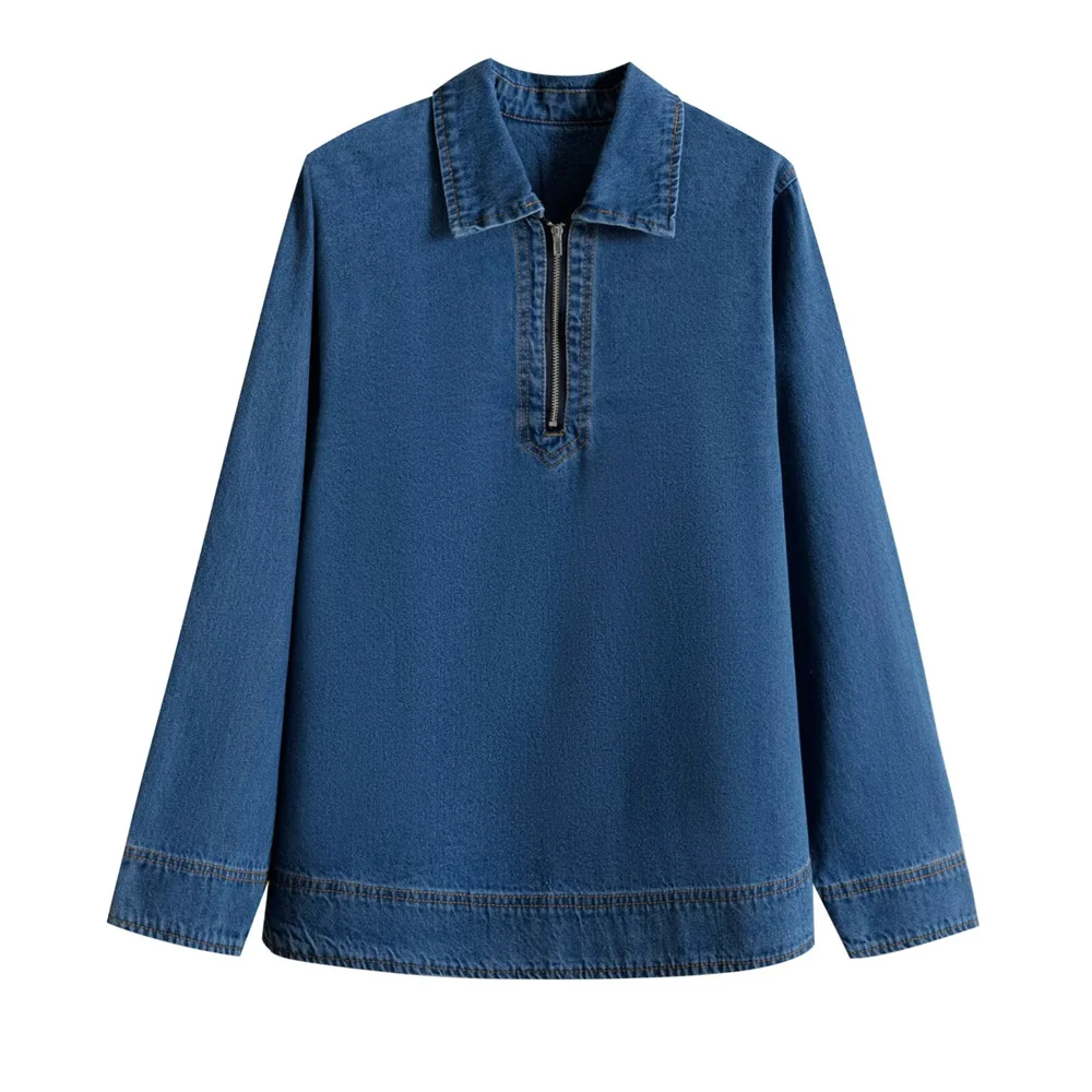 

Autumn and winter new style lapel half zipper decoration loose and versatile casual washed denim shirt top