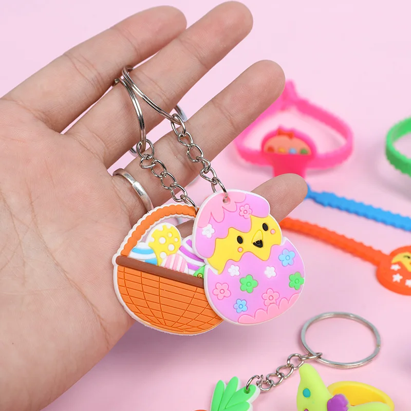 6/9Pcs Easter Party Decoration Cartoon PVC Bunny Egg Chicks Keychain Silicone Ring Bracelet Keychain Kids Favors Easter Gifts