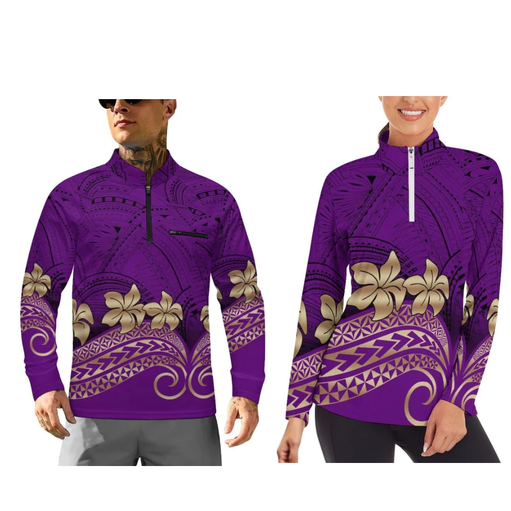 New Customizable Long-Sleeved Sportswear With A Neckline Zipper Design And Polynesian Floral Print For Sporty Couples