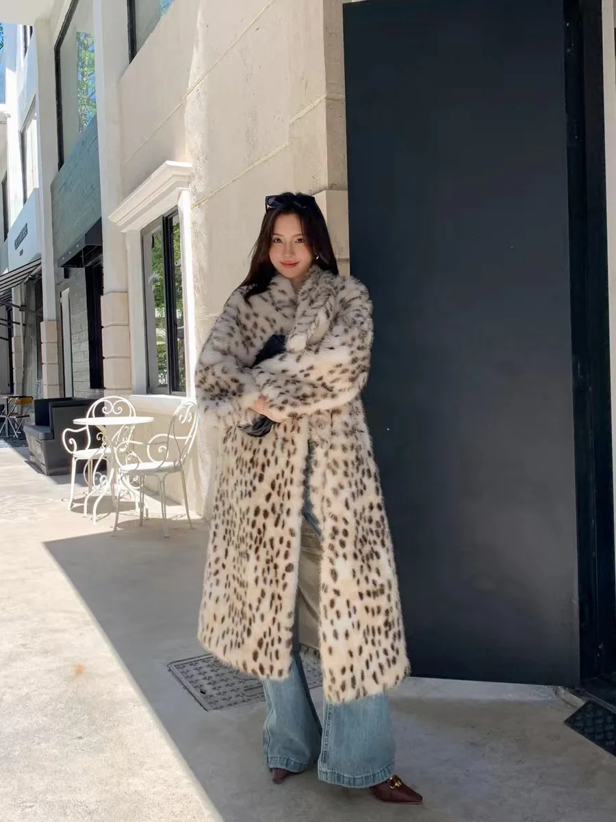 

Women's dress Winter sweater Fashion grass women's leather big lapel leopard coat winter warm ecological mink grass