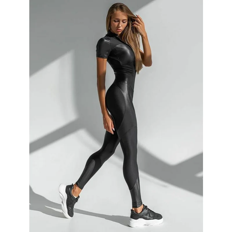 

Bonboho Women Summer Thin Skinny Yoga Fitness Suit Short Sleeves Zippered Patchworked Sports Jumpsuit Athletic One-piece Pants