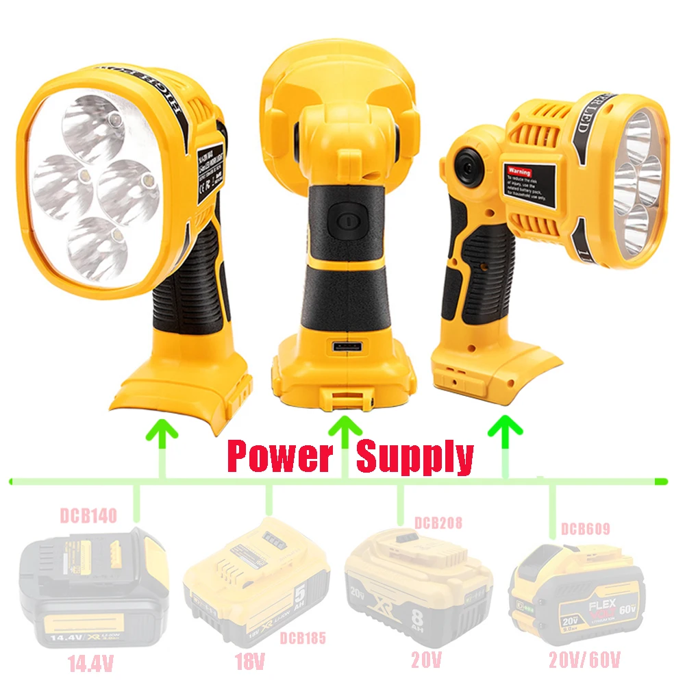 LED Lamp Flashlight with USB port Outdoor Emergency Lighting 12W For Dewalt 14.4V 18V 20V DCB140 DCB181 DCB200  li-ion battery