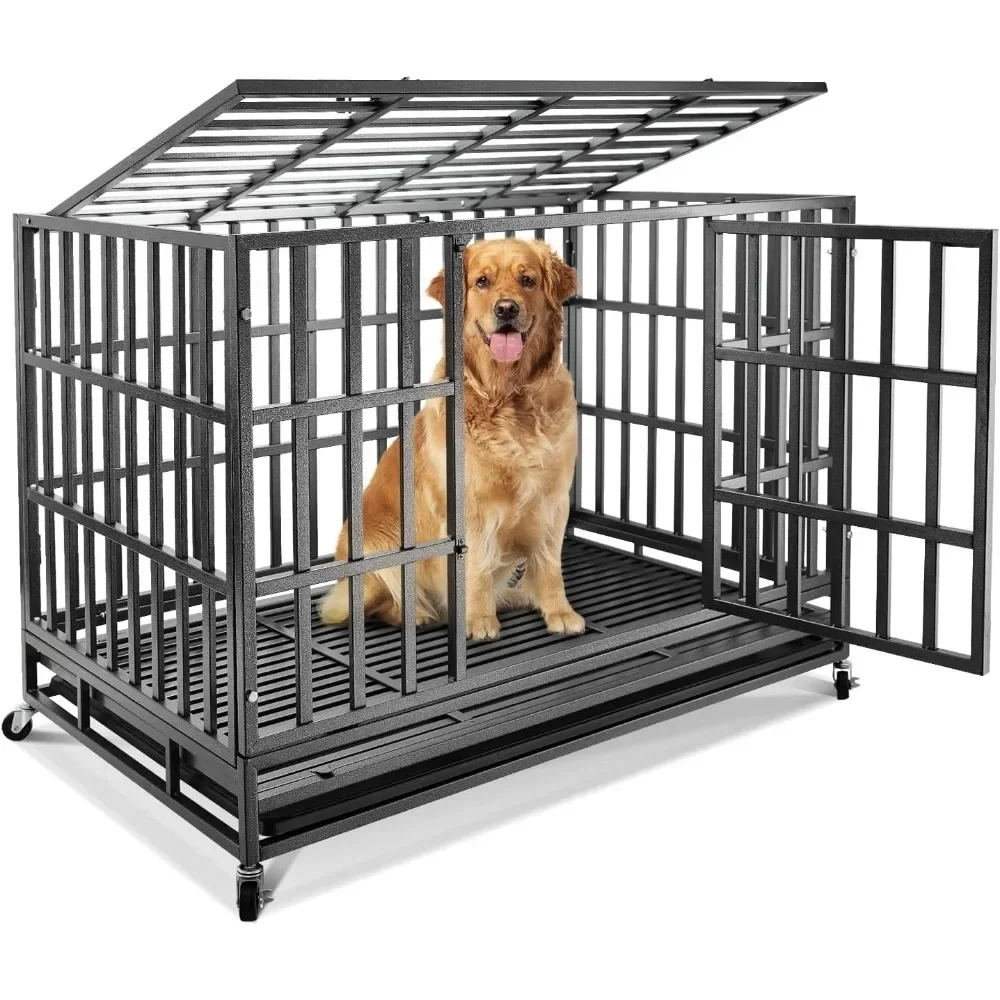 Imagem -03 - Gaiola para Cães de Metal Pesado com Rodas Bloqueáveis e Portas Duplas Adequada para Cães de Médio a Grande Porte 47 Polegadas