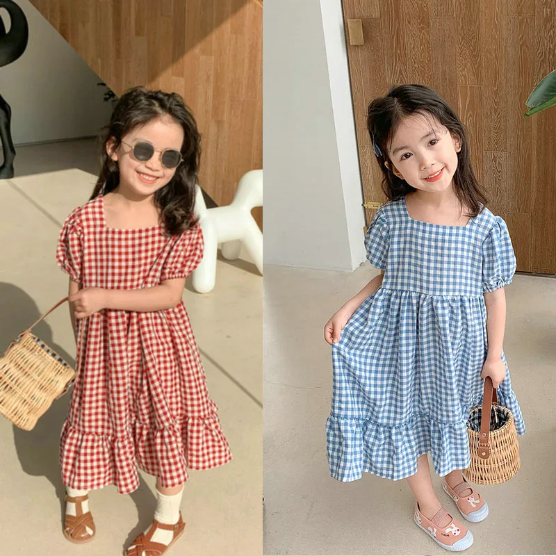 Girls' Plaid Wide Neck Short Sleeve Princess Dress25Summer New Foreign Trade Children's Wear Delivery