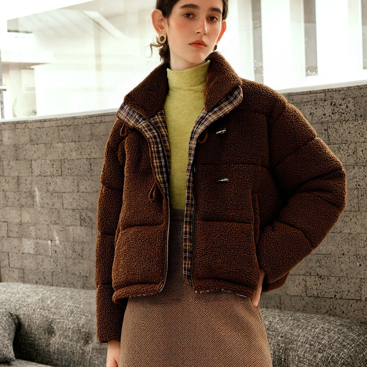 OLrain Women's Fashion Down Coats 2025 Autumn Commute Zipper Loose Fit Jackets Long Sleeve Plaid Patchwork Coats GO57DY000815