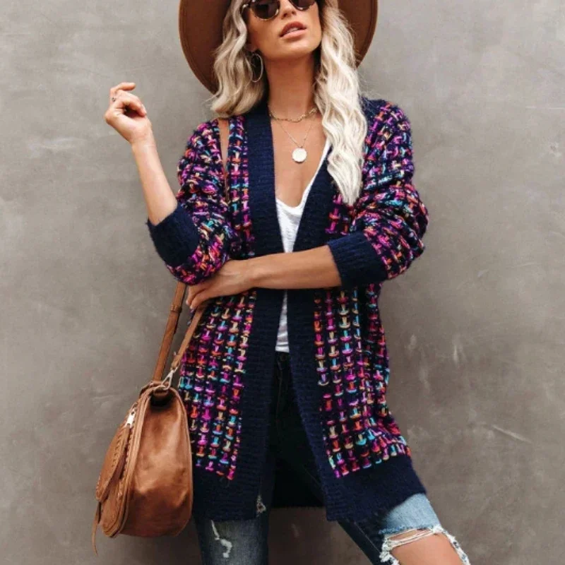 

QNPQYX Boho Plaid Jacquard Cardigans Women Vintage Long Coat Female Jacket Knitwear Winter Cardigan Pockets Warm Sweaters Coats