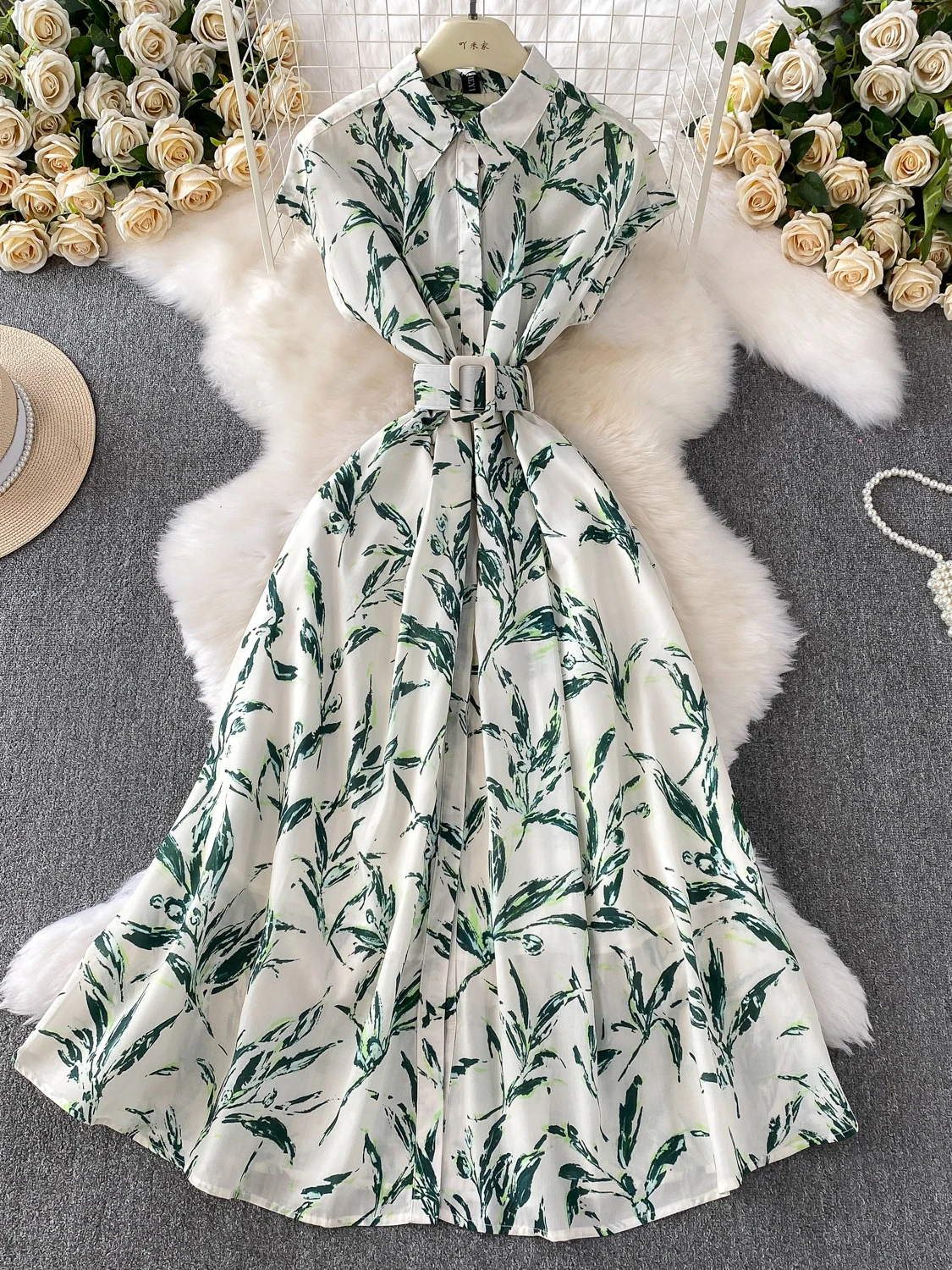 فستان قميص بياقة مطوية وطباعة أوراق الخيزران بتصميم عتيق، فستان صيفي طويل بزر واحد وقصة ضيقة على شكل حرف A للنساء