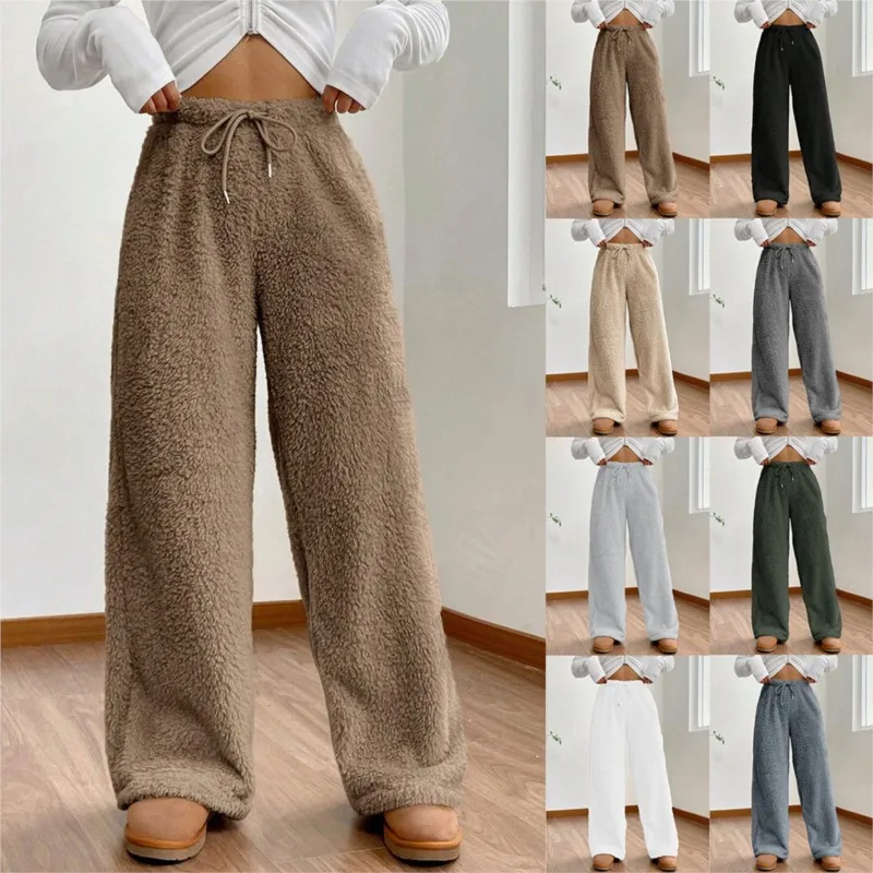 여성용 다용도 따뜻한 홈 팬츠 가을 겨울 플러시 드로스트링 와이드 레그 루즈 솔리드 컬러 바지