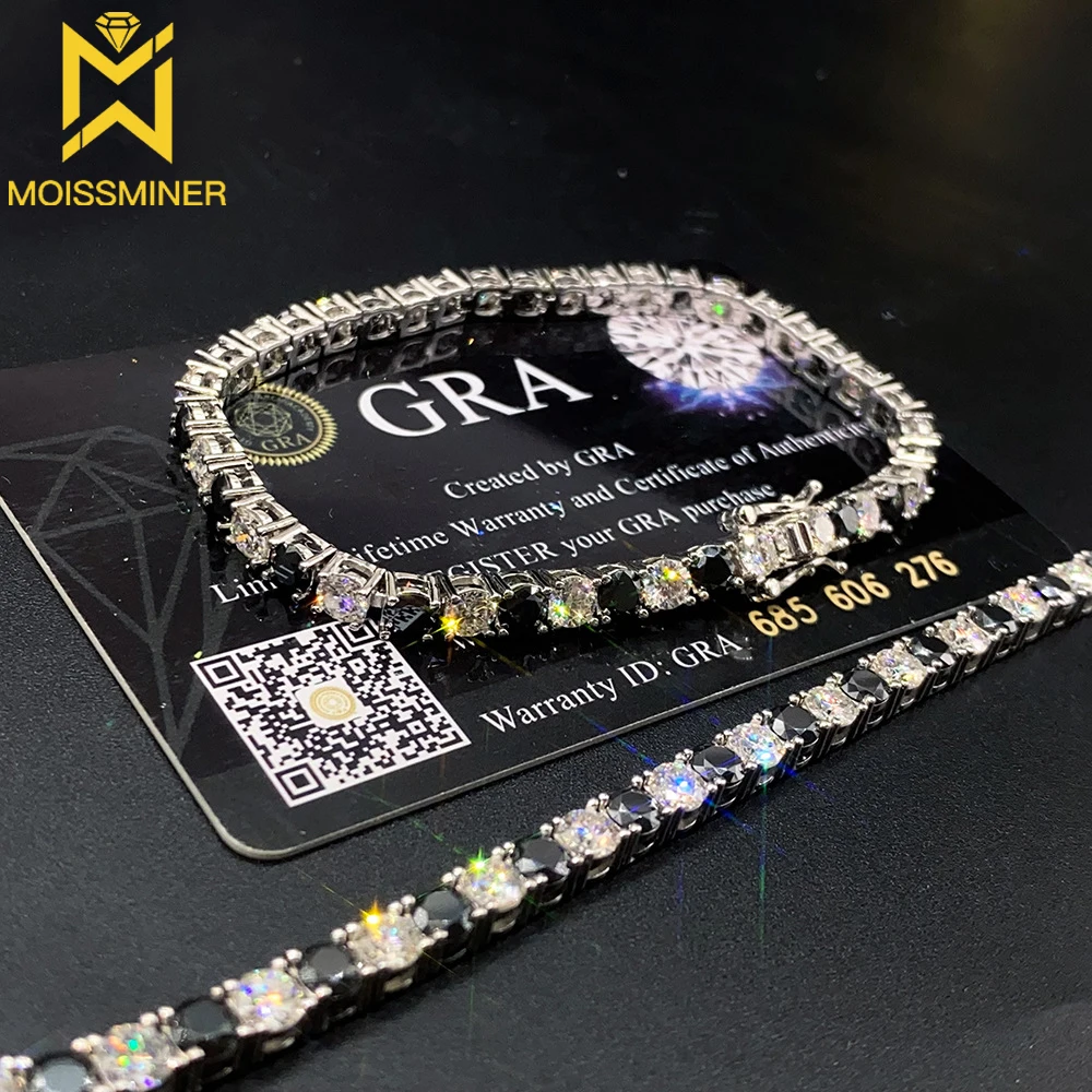 4mm Moissanite Tennis Chain Black Single Row  Bracelets S925 silver Iced Out for Men Hip Hop Jewelry Pass Diamonds Tester GRA