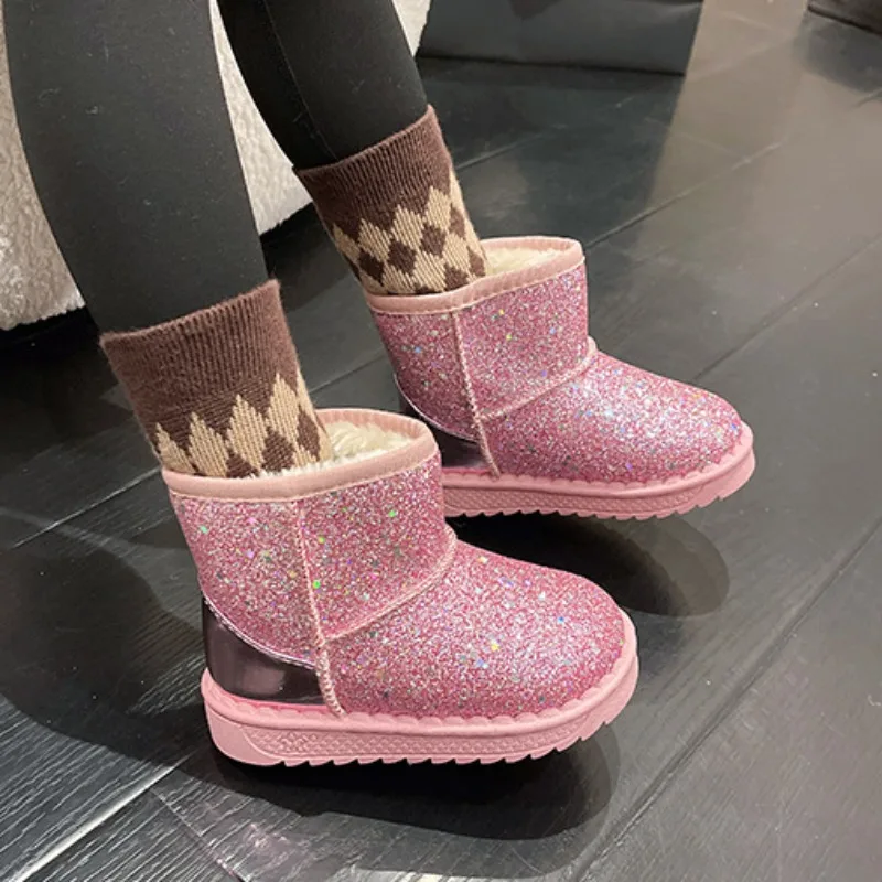 Botas de nieve para niñas, zapatos de algodón de princesa con lentejuelas, botines cálidos de felpa, zapatillas antideslizantes, color rosa,