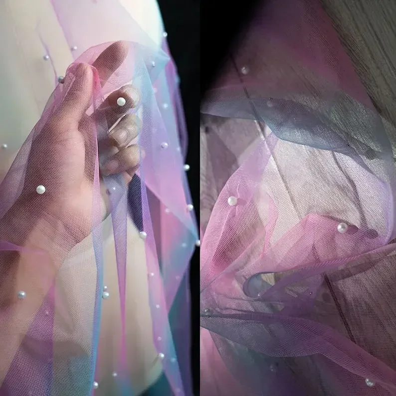 

2 цвета, красивая радужная кружевная ткань с жемчугом и бисером, фиолетовое платье с эффектом омбре для девочек, платье-пачка, свадебное платье, фата, 1 двор