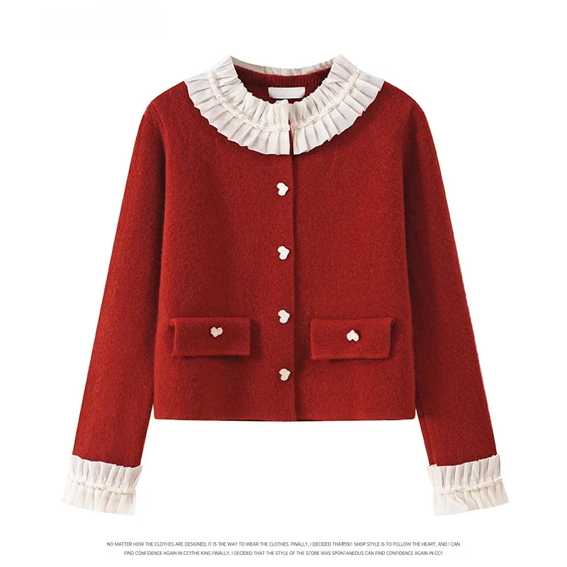 

Red Sweater Women's Heavy Work Loose Fit Autumn Winter New Year Faion Sweet Button Pearl Coat Warm round Ne Long Sve