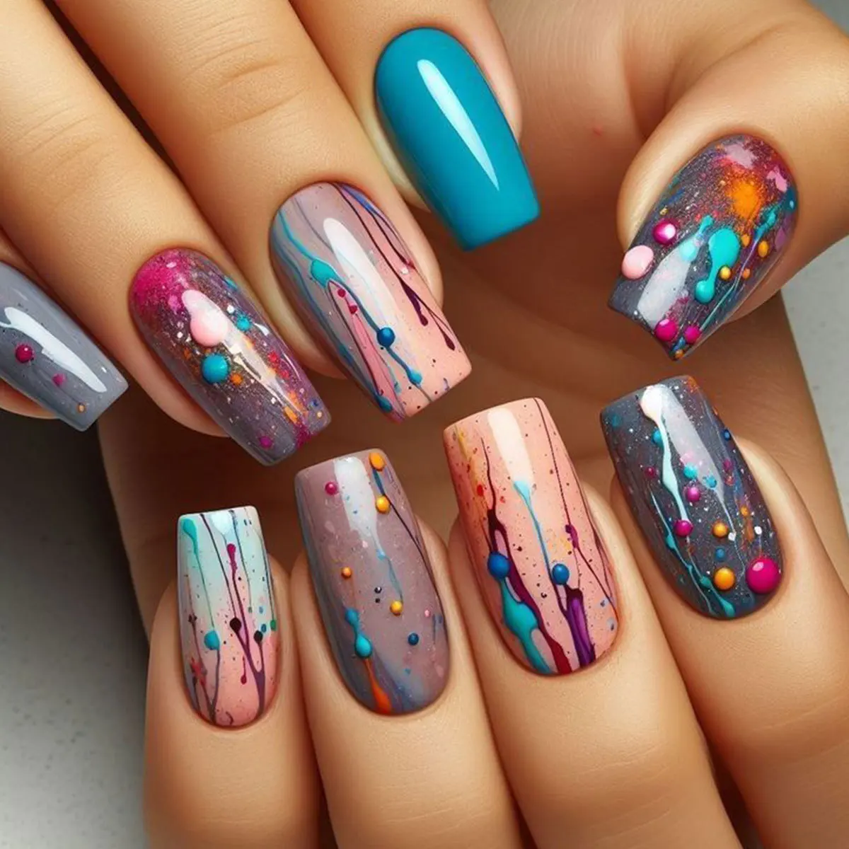 

24PCS Colorful Dots Medium Square False Nails Glitter Contrast Color Retro Nail Tips Sweet Cool French Wearable Fake Nails Patch