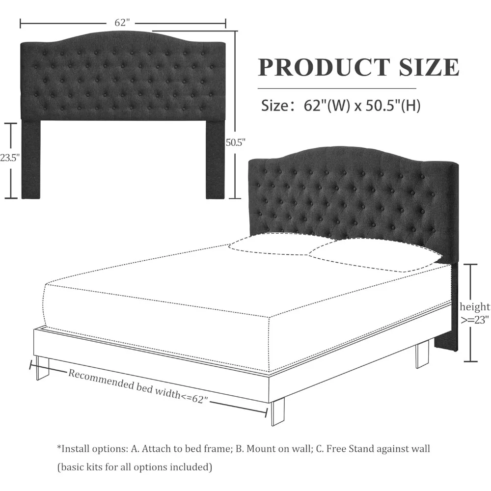 لوح رأسي منجد من الكتان بحجم كوين/كامل الحجم - إطار جداري وسرير قابل للتركيب، بطانة إسفنجية عالية الكثافة، راحة فاخرة، حديثة #2