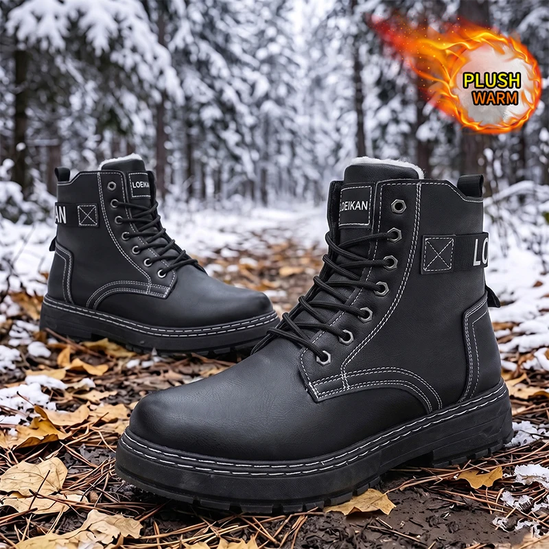 Men Fleece Lined Ankle Boots Side Zipper Lace‑up PU Leather Thick Sole Warm Winter Daily Male Shoes Big Size 39‑48