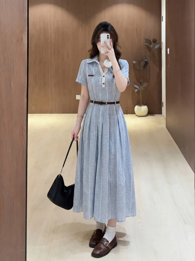 

plus Size Plaid Short Sleeve Dress Korean Style A-Line Long Dress Slimming Waist Design Summer New Arrival Elegant Lady Dress