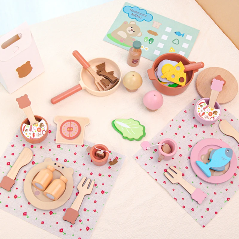 مجموعة ألعاب مطبخ الدب الخشبي |   تتضمن لعبة الطبخ التظاهري للأطفال أدوات المطابخ وأطعمة واقعية كهدية للأطفال