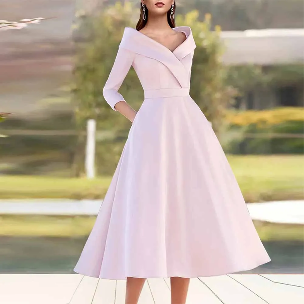 클래스 웨딩 엄마 드레스 새틴 A라인 칵테일 파티 드레스 라벤더 V넥 포켓 주름 크리스크로스 프롬 드레스 미디 2025