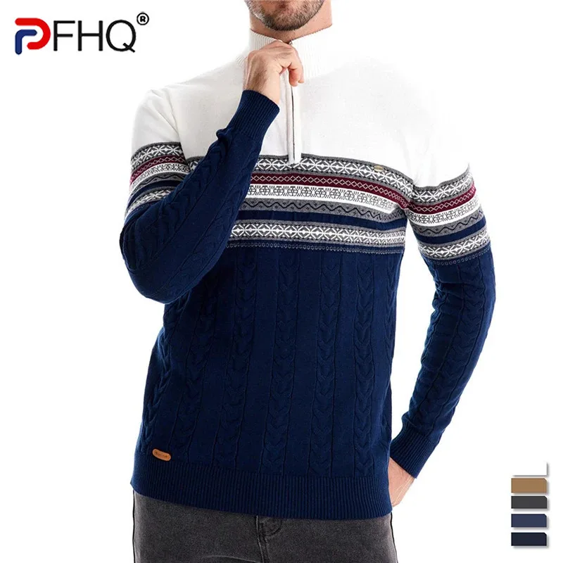 

PFHQ Autumn Winter New Stand Up Collar Men's Sweater Half Chain Cotton Spliced Casual Knit Contrast Color 2024 Tops 21Z6209