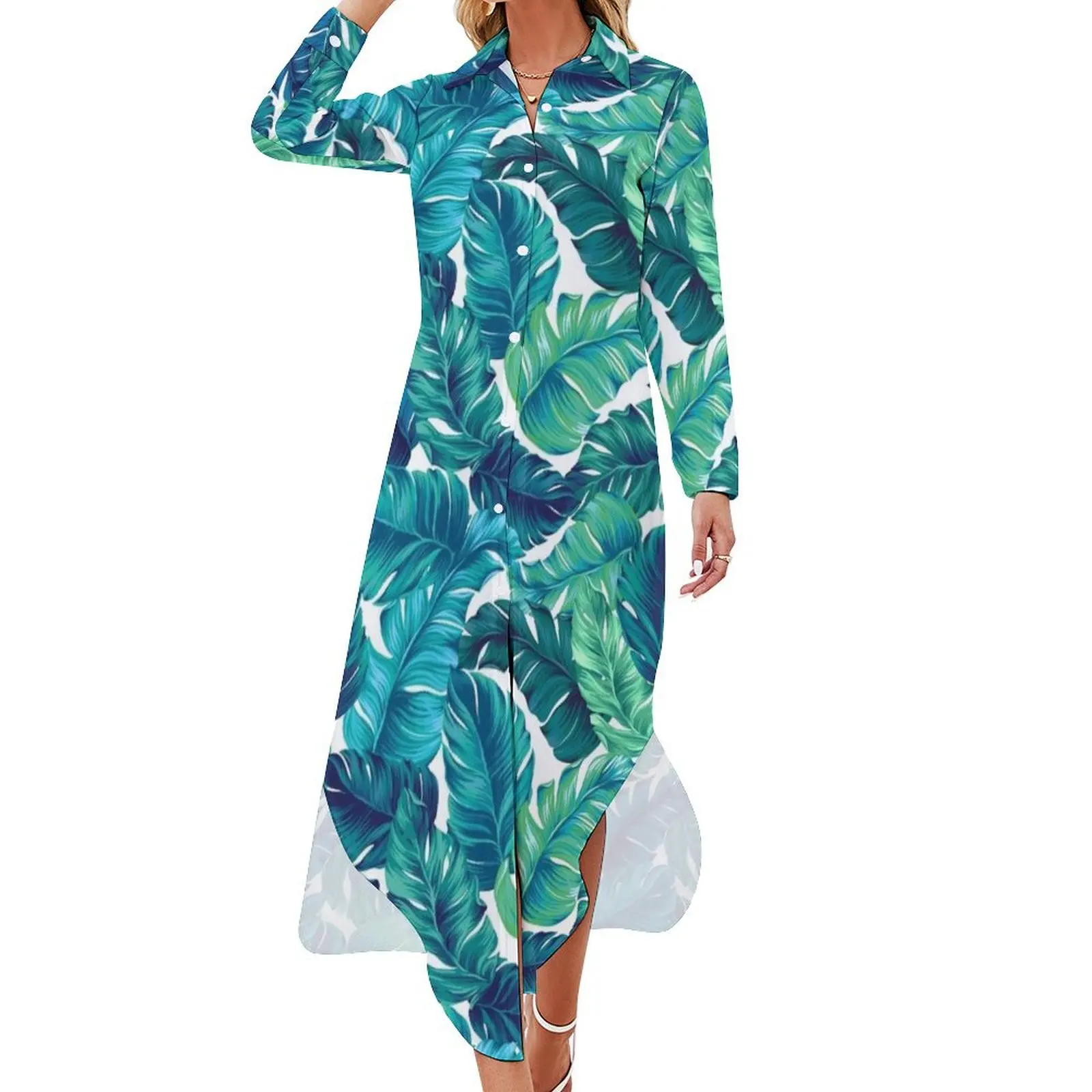 

Funky banana leaf pattern. Long Sleeved Shirt Dress prom clothes party dresses women women's evening dresses 2024