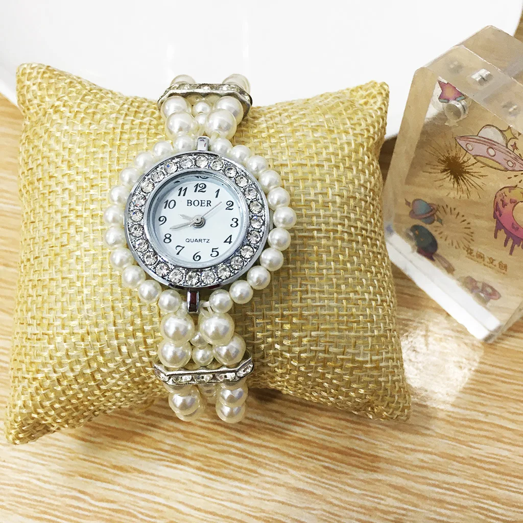 1PCS Fashion Women Casual Pearl String Watch Crystal Rhinestone Strap Quartz Wrist Female Clock